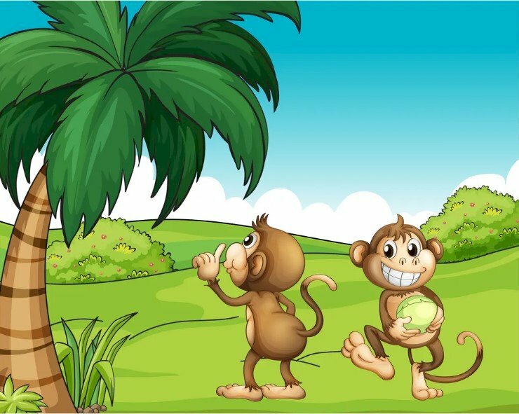 Ảnh hoạt hình dễ thương cây dừa và 02 chú khỉ
