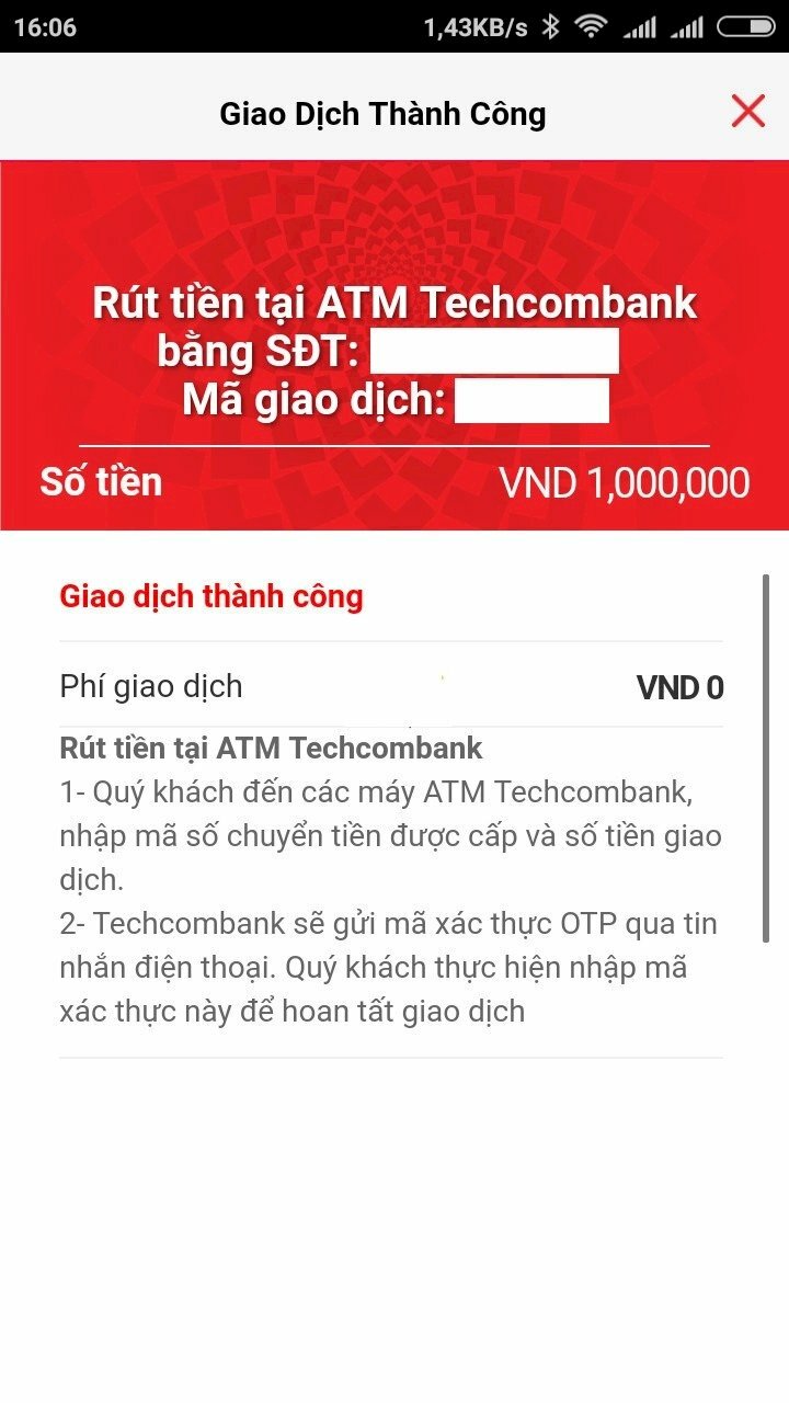 Hình ảnh giao dịch thành công rút chi phí ko cần thiết thẻ Techcombank bên trên cây ATM