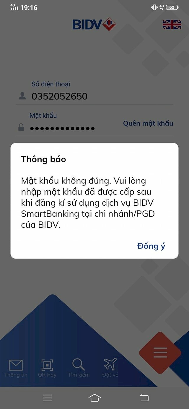 Hình ảnh giao dịch không thành công lỗi singin cty SmartBanking BIDV