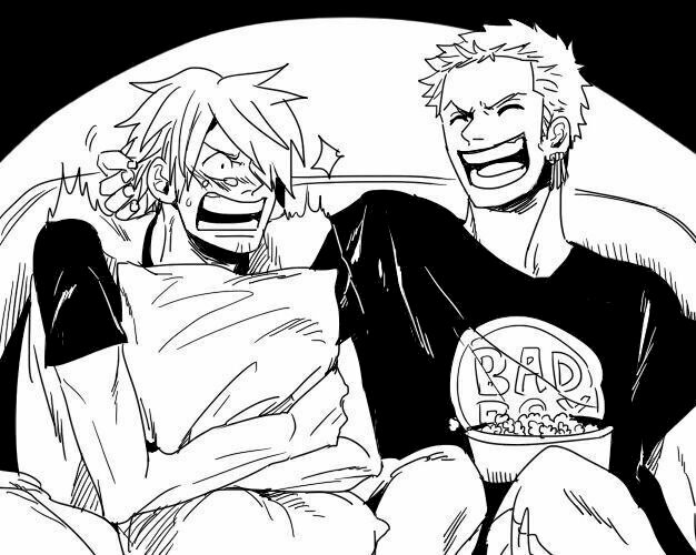 Ảnh chế đen trắng Zoro và Luffy ngồi bên nhau ăn bắp rang