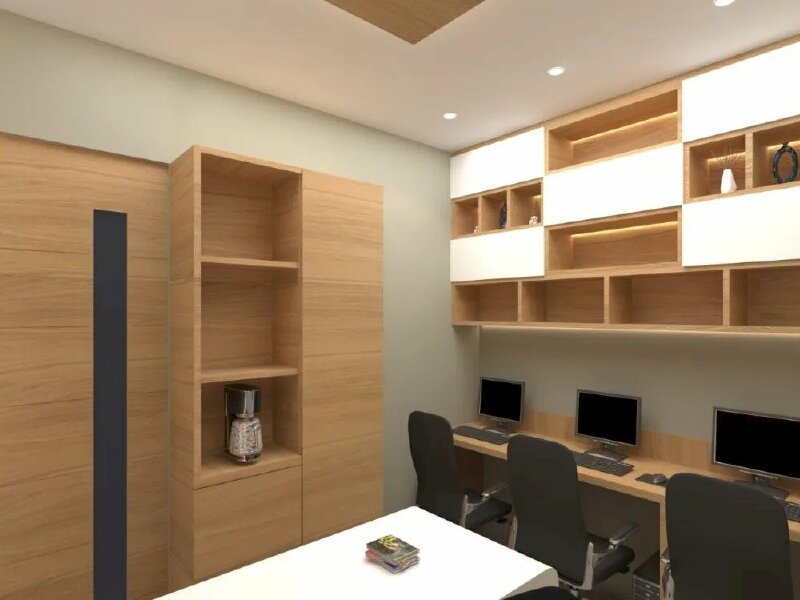 Ảnh văn phòng làm việc nhỏ gọn với nội thất gỗ đơn giản, xinh xắn