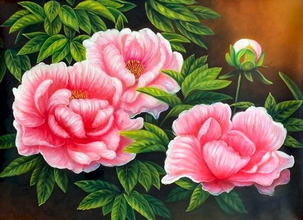 Tranh hoa mẫu đơn vẽ sơn dầu tuyệt đẹp
