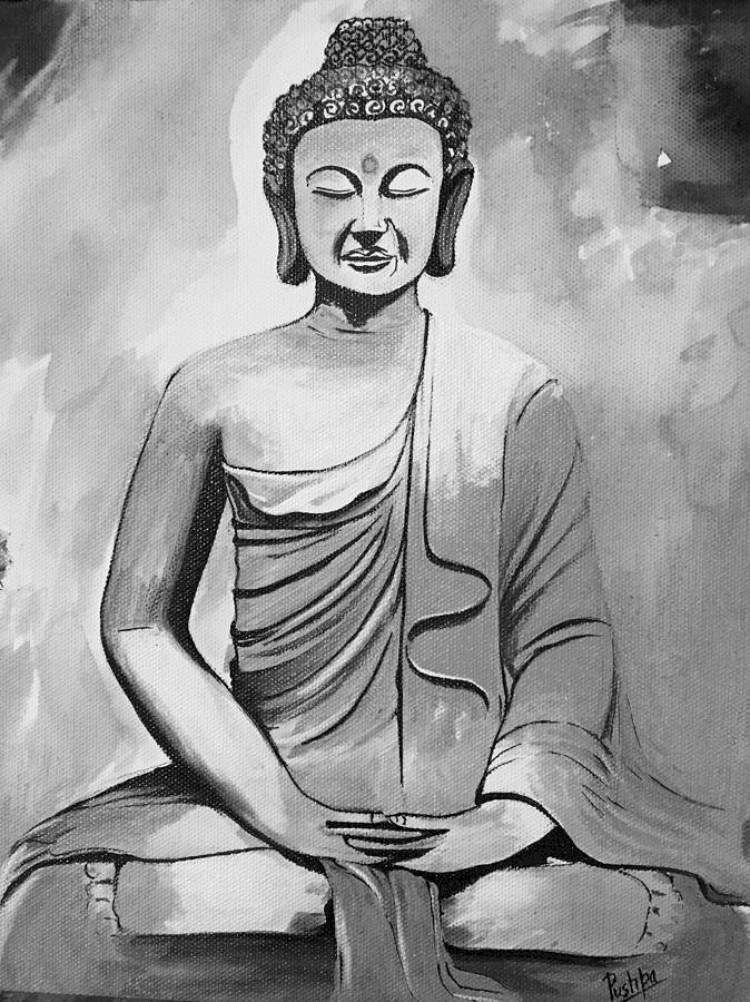 Tranh white đen sạm hình Phật ngồi thiền thiệt nhẹ dịu, thanh thản