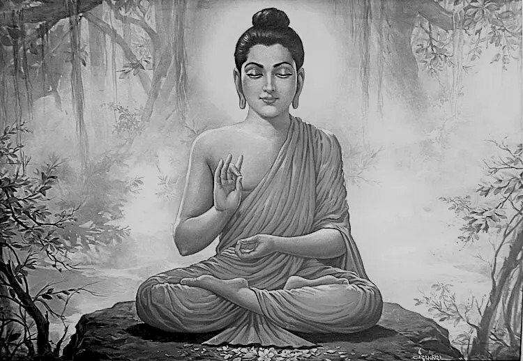Tranh vẽ hình Phật white đen sạm ngồi thiền tuyệt đẹp