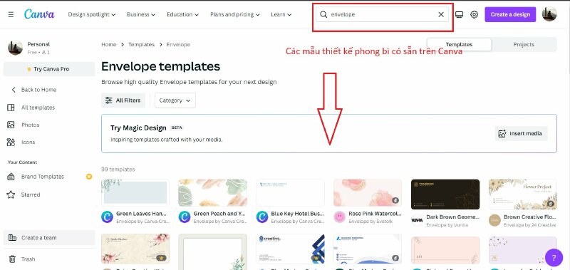 Tìm với từ khóa Envelope và chọn mẫu thiết kế phong bì bất kỳ
