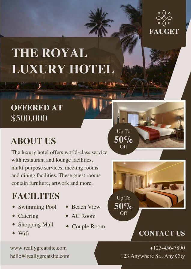 Mẫu tờ rơi quảng cáo khách sạn thiết kế đẹp với tone màu nâu, xám