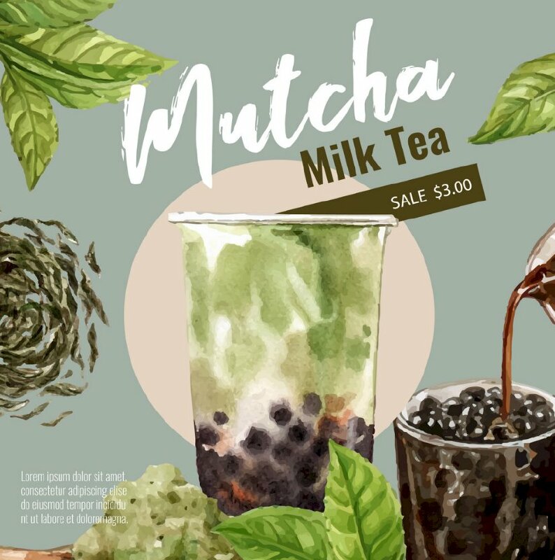 Mẫu tờ rơi quảng cáo trà sữa Matcha trân châu đen cùng khuyến mãi hấp dẫn