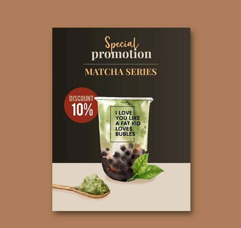 Mẫu tờ rơi giới thiệu trà sữa matcha trân châu đen với hình ảnh được thiết kế khá tự nhiên