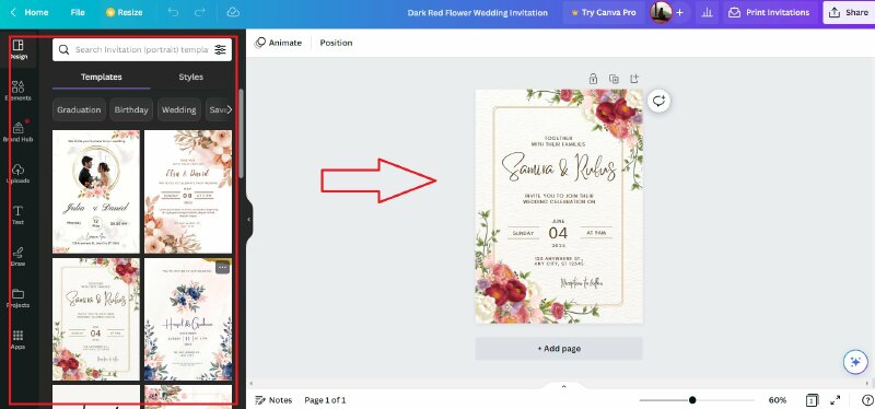 Chọn một mẫu thiết kế ưng ý ở cột Template cùng những công cụ giúp chỉnh sửa hình ảnh và font chữ cho mẫu thiết kế nằm ở góc bên trái
