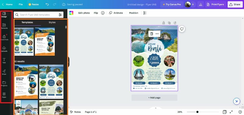 Chọn một mẫu thiết kế ưng ý ở cột Template cùng những công cụ giúp chỉnh sửa hình ảnh và font chữ cho mẫu thiết kế nằm ở góc bên trái