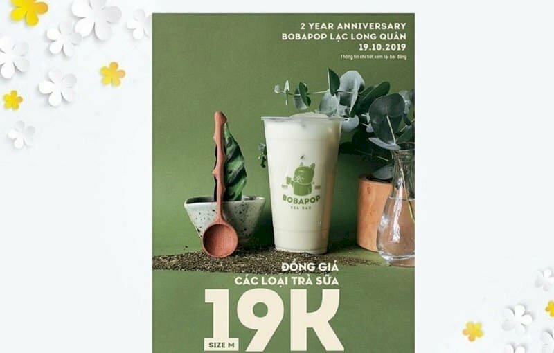 Mẫu tời rơi giới thiệu sản phẩm sữa trân châu đường đen và khuyến mãi đồng giá các sản phẩm trà sữa chỉ với 19k