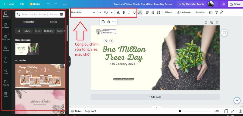 Chọn một mẫu thiết kế ưng ý ở cột Template cùng những công cụ giúp chỉnh sửa hình ảnh và font chữ cho mẫu thiết kế nằm ở góc bên trái