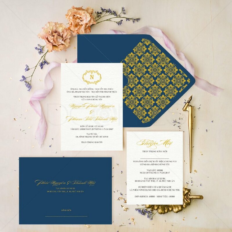Thiệp cưới xanh navy, in thiệp cưới theo yêu cầu TPHCM