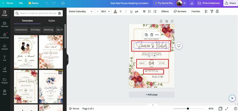 Thêm nội dung văn bản và hình ảnh phù hợp vào mẫu thiệp cưới