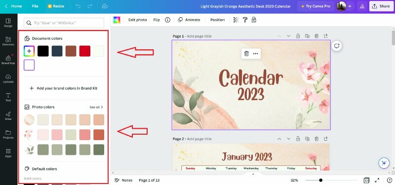Click vào khung hình mẫu thiết kế lịch Tết -> chọn ô màu sắc -> chọn màu phù hợp