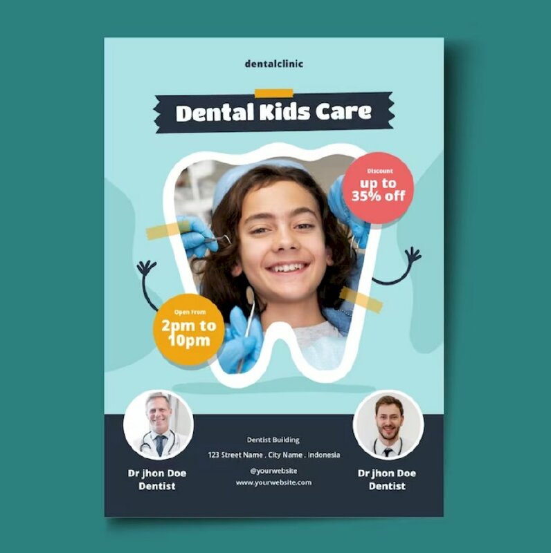 Mẫu tờ rơi quảng cáo phòng khám nha chăm sóc sức khỏe răng miệng cho bé với các chuyên gia nha sĩ hàng đầu
