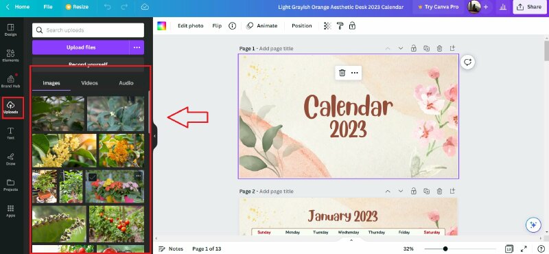 Thêm các hình ảnh phù hợp theo ý thích trên Canva