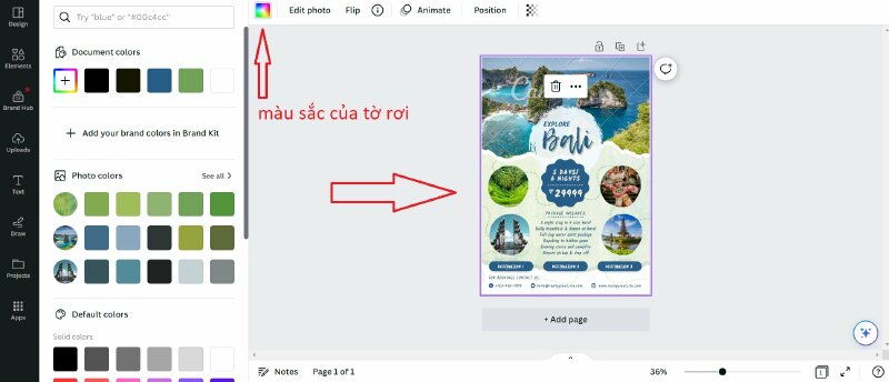 Click vào khung hình tờ rơi -> chọn ô màu sắc -> chọn màu phù hợp
