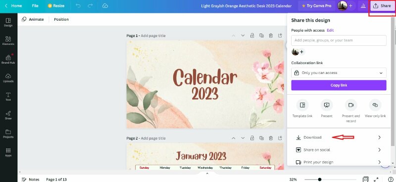 Chọn Share và Download như hình