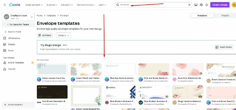 Bước 2: Tìm kiếm mẫu phong bì thư trong thư viện mẫu của Canva