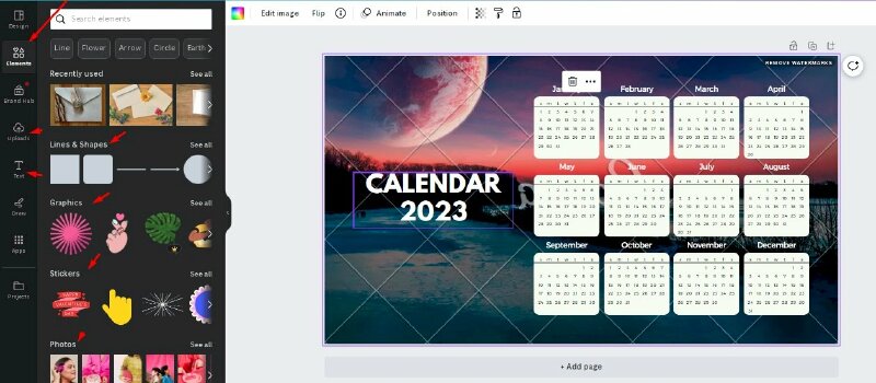 Bước 4: Thay đổi các chi tiết văn bản, hình nền hoặc màu sắc cho lịch treo tường