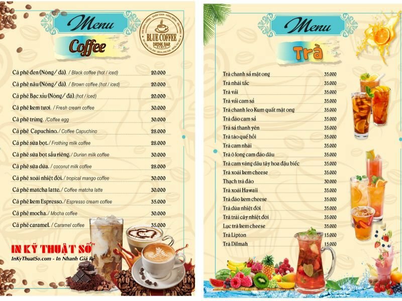 in bảng menu dán tường tại quán