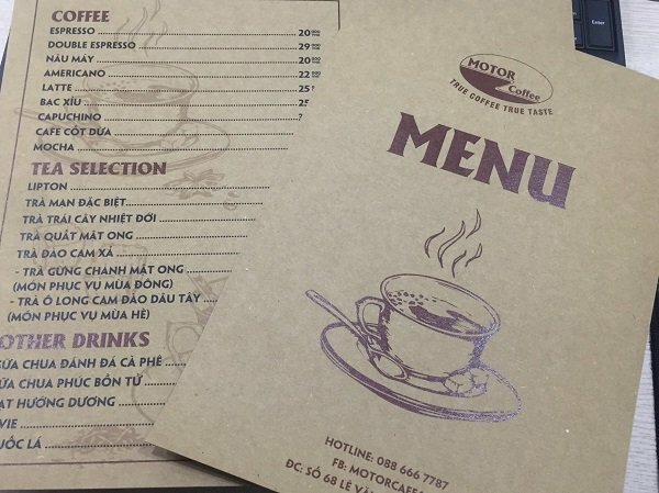 in menu quán cà phê