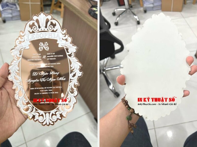 In thiệp cưới tráng gương Acrylic hoa văn