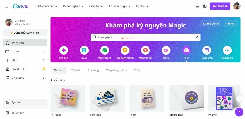 Thiết kế tờ rơi gấp 3 bằng Canva - Bước 1