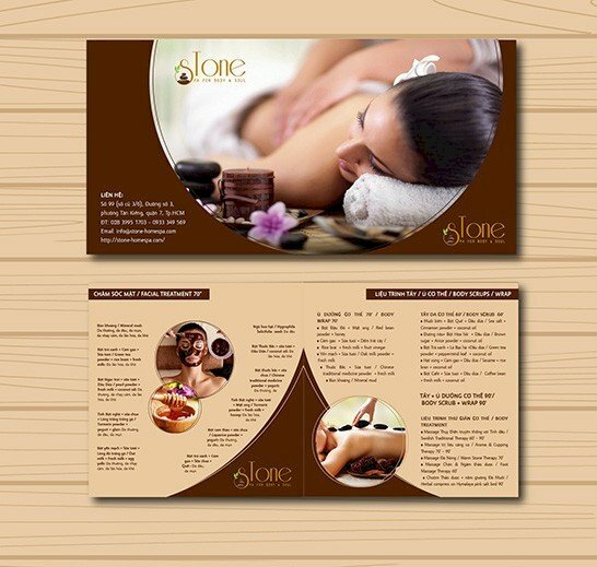 Mẫu tờ rơi quảng cáo dịch vụ massage của Spa, mặt trước là hình ảnh cùng thông tin về spa, mặt sau là chi tiết các gói massage của spa