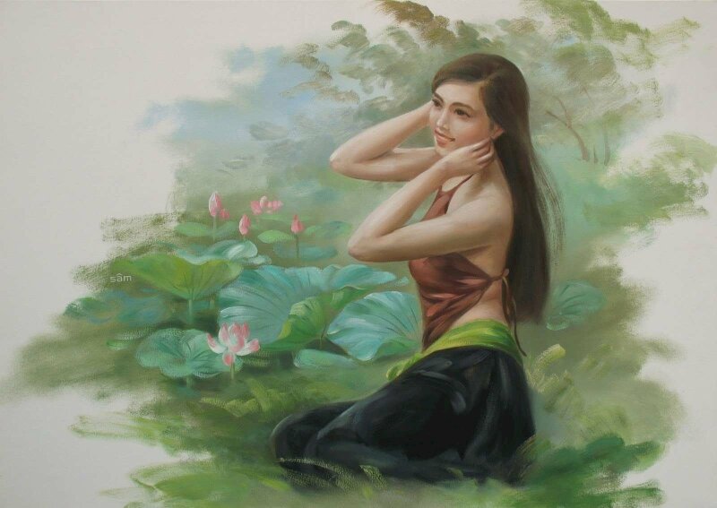tranh lụa thiếu nữ