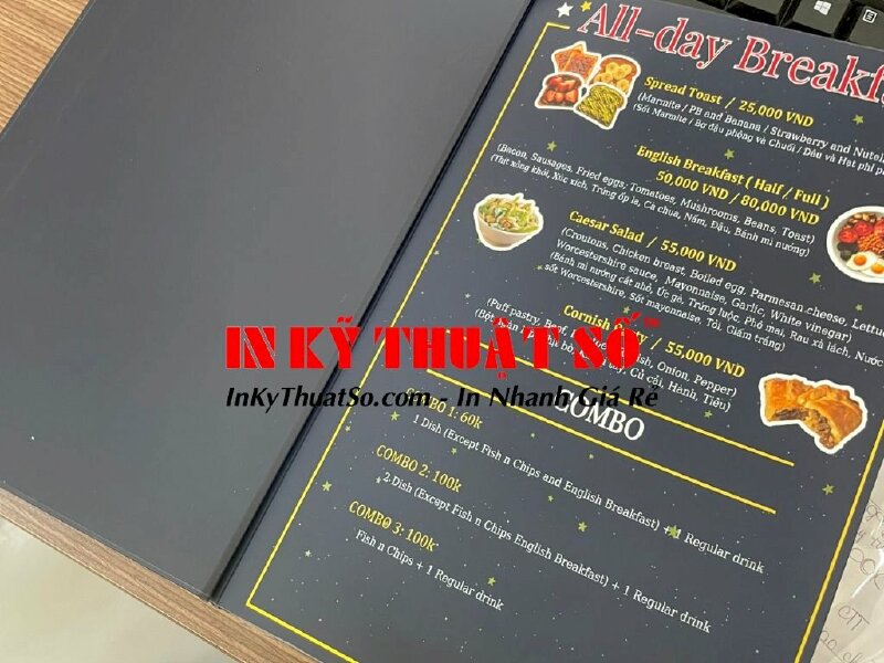 In menu bìa cứng, ruột giấy C300gsm, cán mờ hết cuốn