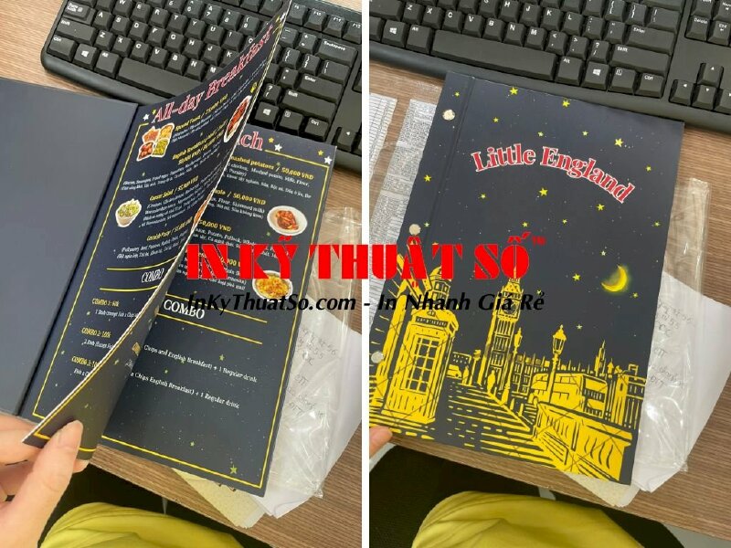 Quyển menu bìa bồi carton, thành phẩm đóng  ghim inox theo yêu cầu