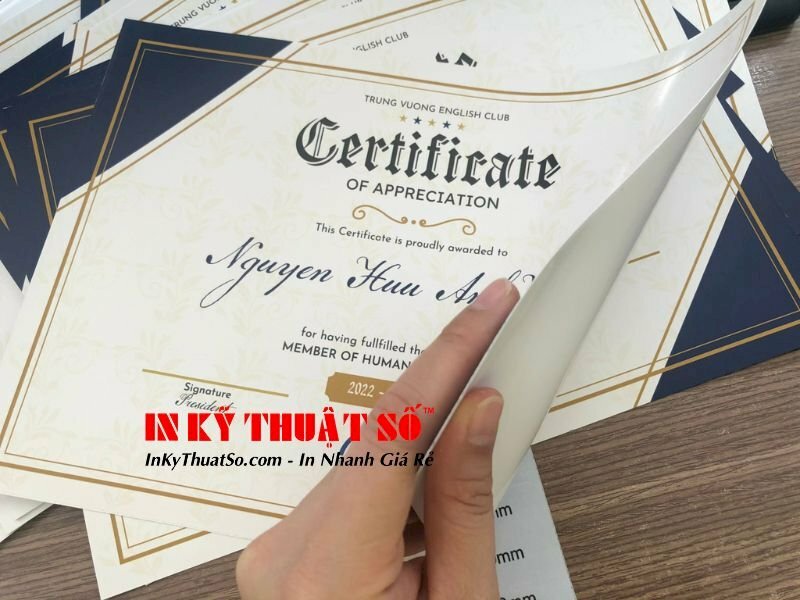 In giấy chứng nhận cho câu lạc bộ tiếng Anh - In Kỹ Thuật Số Since 2006