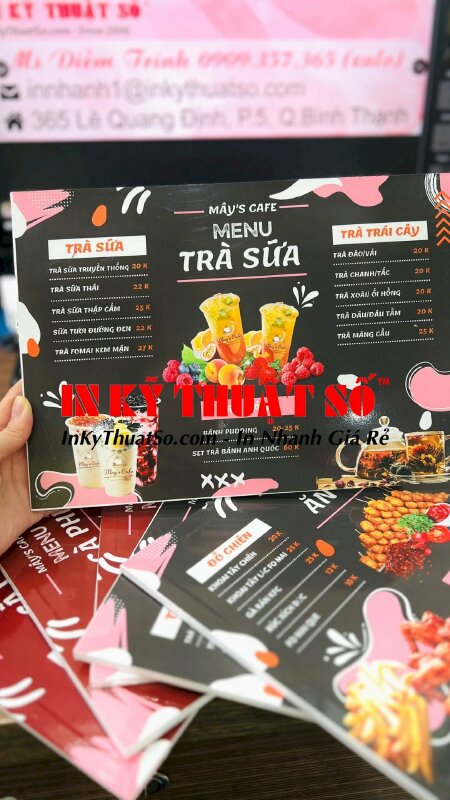 In menu quán trà sữa, ăn vặt - In Kỹ Thuật Số since 2006
