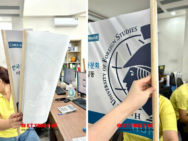 In cờ đón du học sinh với chất liệu Canvas dầu mờ - In ấn bởi In Kỹ Thuật Số since 2006