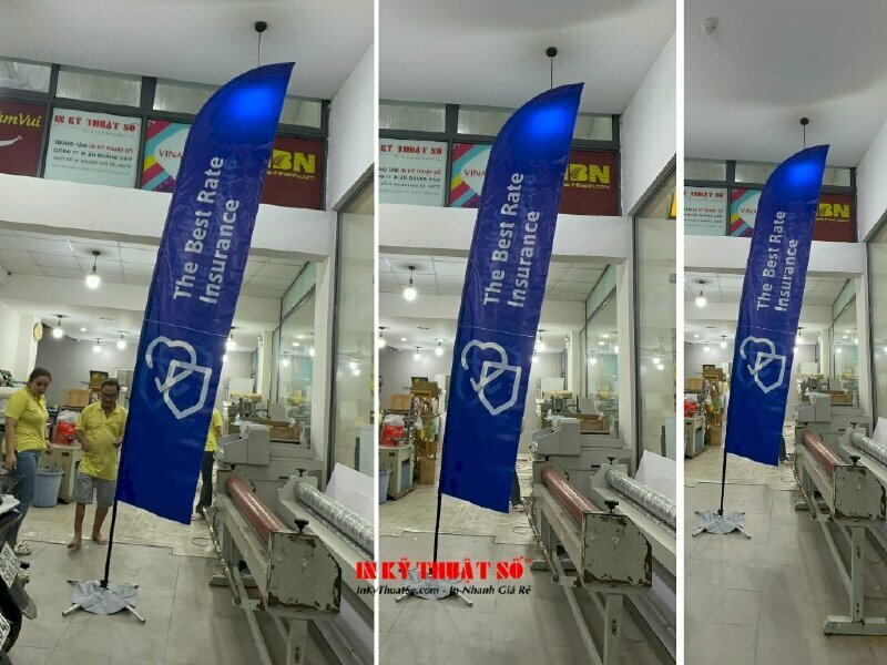 In cờ quảng cáo cho công ty bảo hiểm chất liệu vải Silk dầu bóng