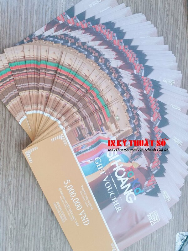 In voucher trên chất liệu giấy C300gsm, in 2 mặt cán mờ - In ấn bởi In Kỹ Thuật Số since 2006