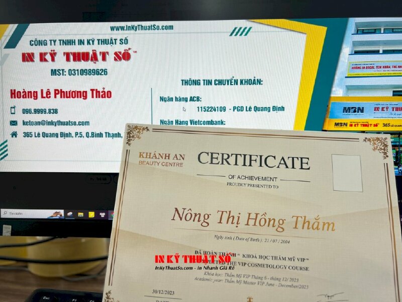 In giấy chứng nhận đã hoàn thành khóa học thẩm mỹ VIP - INKTS741