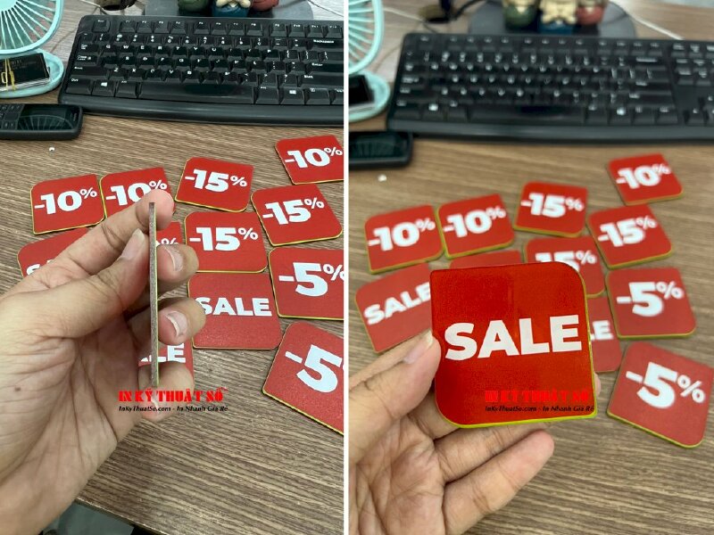 In thẻ tag sale 5% 10% 15%, in thẻ mica trong 2 mặt in UV cắt theo hình - INKTS743