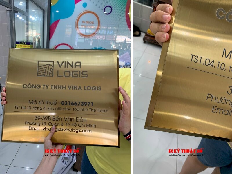 Làm bảng hiệu công ty, bảng hiệu inox xước in UV vạt lá hẹ - INKTS739