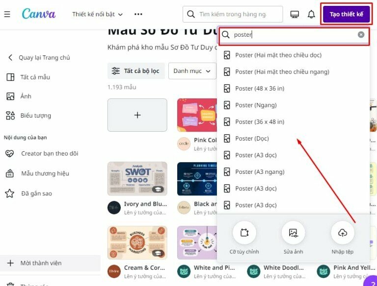 Tìm kiếm từ khóa "poster" trên thanh công cụ, sau đó tùy chọn loại áp phích dọc và ngang với kích thước phù hợp. 