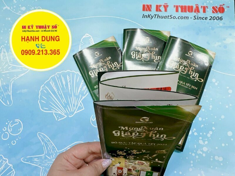 Brochure in 2 mặt, cấn 4 đường với kích thước ở khổ mờ 50 x 21cm