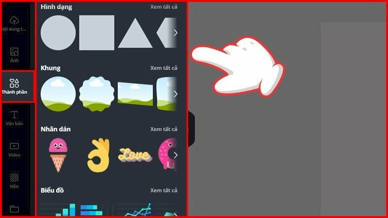 Thêm các item, nhãn dán, khung, biểu đồ vào thiết kế của mình bằng cách nhấp vào mục Thành phần