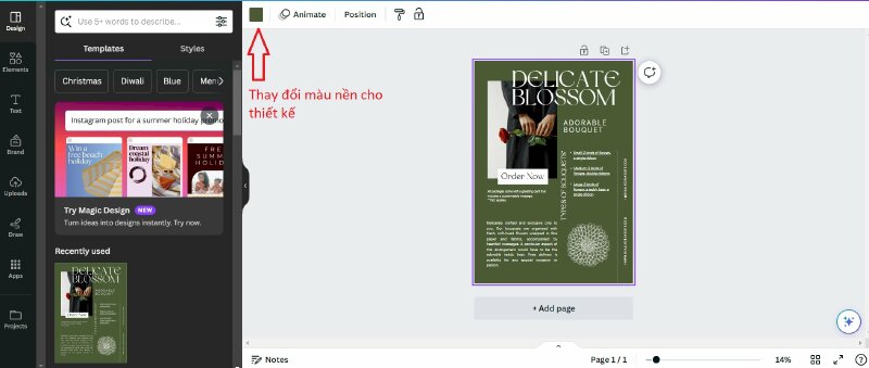 Thay đổi màu nền tùy thích cho thiết kế bằng cách click chuột vào mẫu thiết kế chọn khung như trong ảnh