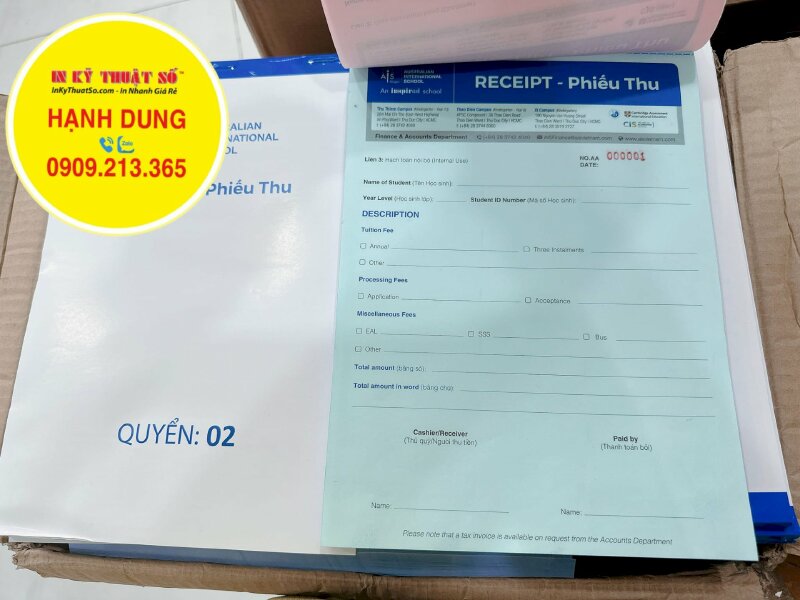 In hóa đơn 3 liên khổ A4, quyển phiếu thu Receipt song ngữ Anh Việt cho trường quốc tế tư thục - INKTS937