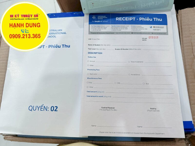 In hóa đơn 3 liên khổ A4, quyển phiếu thu Receipt song ngữ Anh Việt cho trường quốc tế tư thục - INKTS937