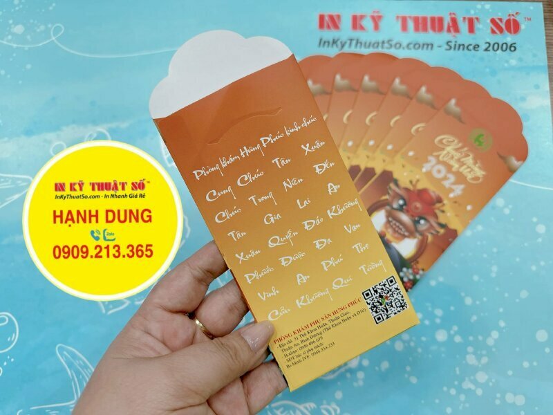 In lì xì Tết phòng khám phụ sản, bao lì xì 8cm x 16cm x nắp 3cm