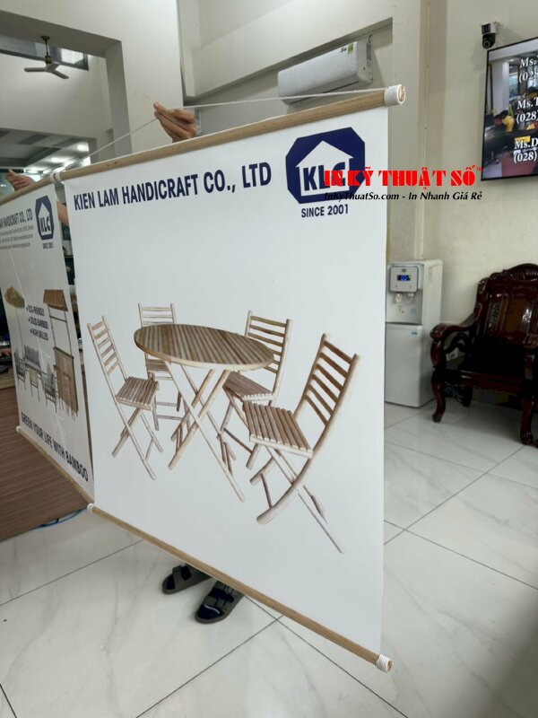 In PP mực dầu không keo, gia công nẹo gỗ và quấn dây thừng treo tường tại 365 Lê Quang Địn, Bình Thạnh, TPHCM