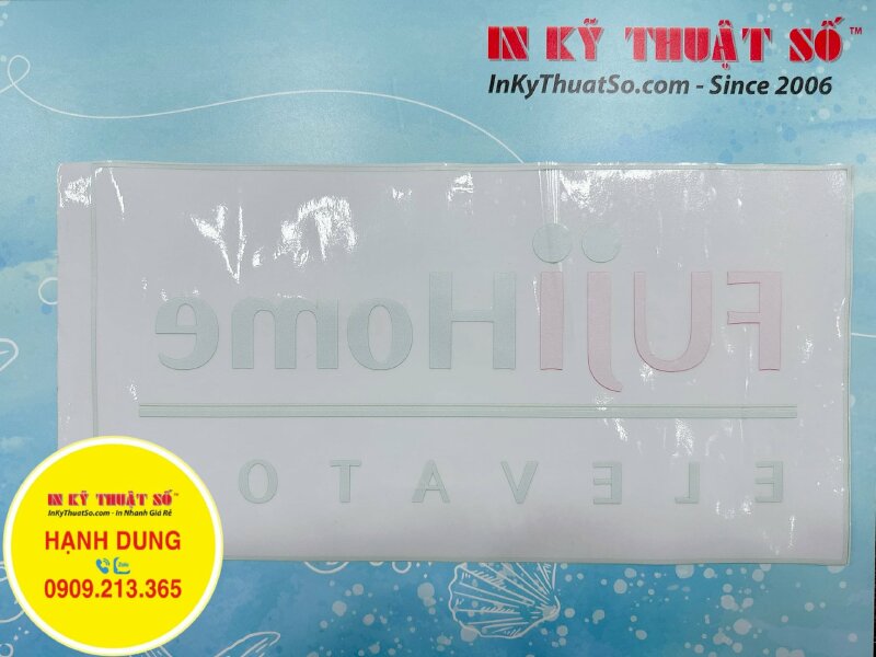 In ấn logo công ty thang máy, in logo Decal trong suốt dán kính, in Decal ngược UV mực trắng - INKTS984